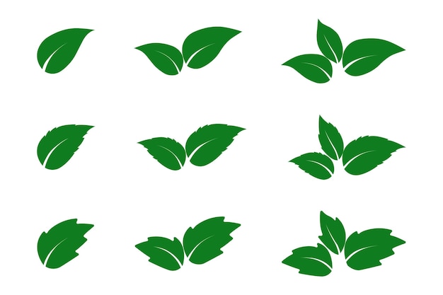 白い背景に分離された緑の葉のアイコンのセット 葉のアイコンのさまざまな形 環境や健康のロゴで使用するさまざまな形の葉のデザイン セット エコとバイオのロゴの要素