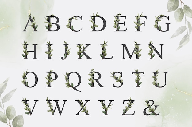 手描きの葉と緑の水彩花のアルファベットのセット