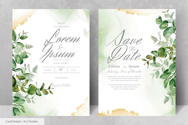緑の水彩画の結婚式の招待カードテンプレートのセット