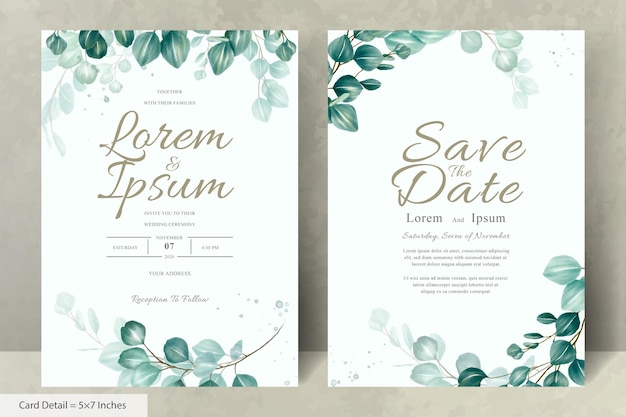 ユーカリのアレンジメントの葉を持つ緑の結婚式の招待状カード テンプレートのセット