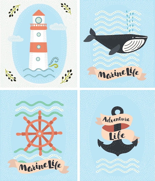グリーティングマリンカードと海の要素のコレクションのイラストのセット