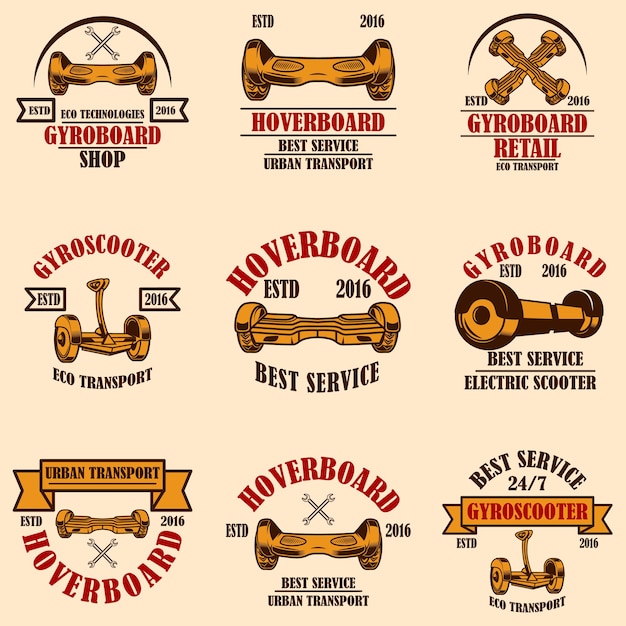 Набор эмблем гироскопов-самокатов. элементы дизайна для логотипа, этикетки, знака, плаката, карты. векторная иллюстрация