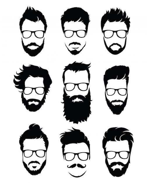 Набор причесок для мужчин в очках. коллекция черных силуэтов причесок и бороды.