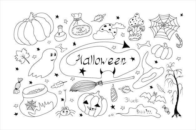 ハロウィーン クリップアートのセット手描きかわいいと面白いハロウィーン落書き記号と文字