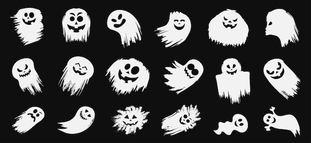 Набор силуэтов призраков хэллоуина на черном фоне векторная иллюстрация