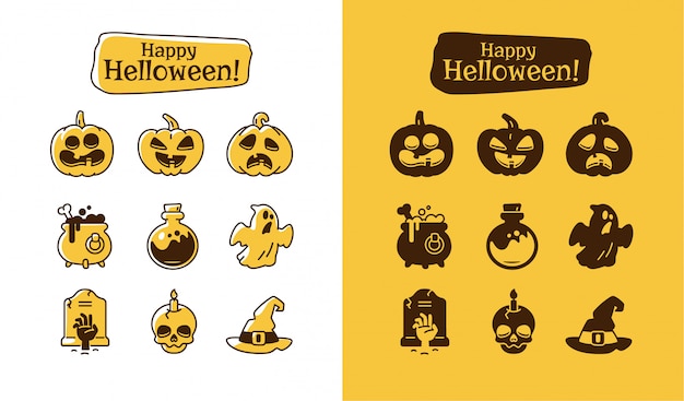 Вектор Набор иконок хэллоуин. праздник пиктограмм коллекция тыквы, призрак, волшебная шляпа, горшок, зелье, череп, зомби.