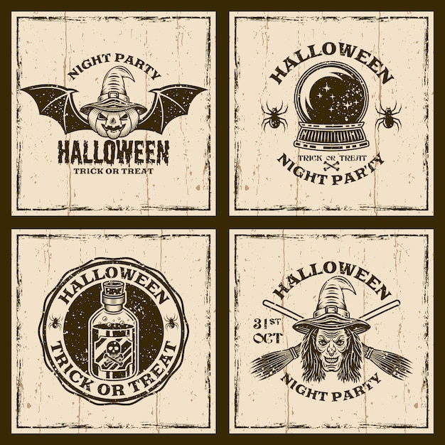 Набор векторных эмблем хэллоуина маркирует значки или отпечатки футболок в винтажном стиле на фоне с гранжевыми текстурами
