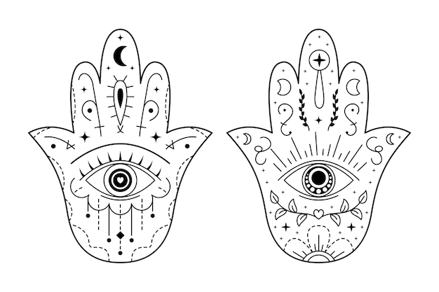 사악한 눈 보호 기호가 있는 Hamsa 기호 집합 동양 스타일의 신비한 장식 패턴