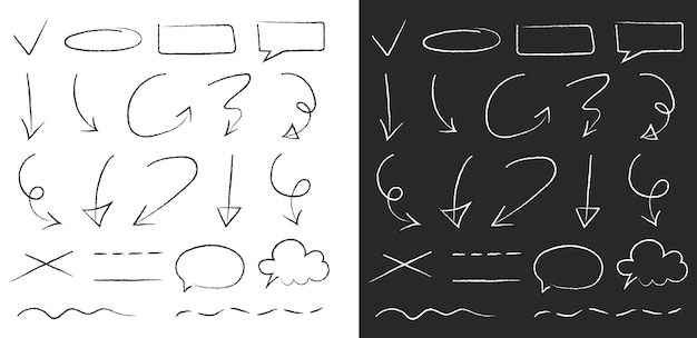 손으로 그린 화살표, 말풍선 및 선 세트