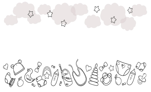 Набор рисованных детских элементов мультяшный рисунок в стиле каракулей для баннера значков элементы одежды для новорожденных