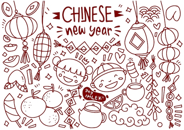 Вектор Набор вручную нарисованных китайских новогодних рисунков года дракона