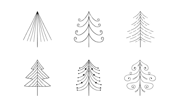 벡터 손으로 그린 크리스마스 트리 세트입니다. 크리스마스 낙서 장식입니다. 스칸디나비아 스타일의 겨울 요소