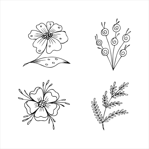 花のデザイン コンセプトの手描き落書き植物要素のセット