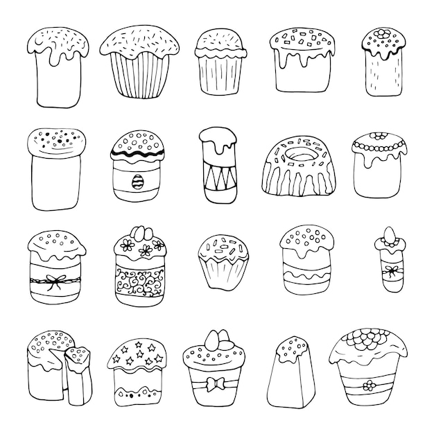 손으로 그린 부활절 케이크, 계란 빵 세트. 귀여운 스타일에 낙서 벡터 일러스트 레이 션. 인사말 카드, 포스터, 스티커 및 계절 디자인 요소입니다. 흰색 배경에 고립