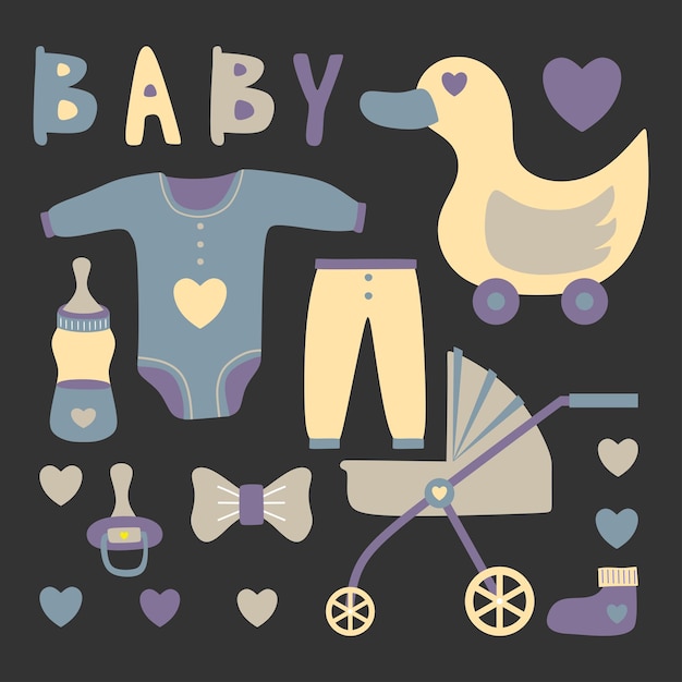 Набор рисованной элементов с детским оборудованием, таким как точечная бутылка молока, одежда, детская коляска и символ любви, изолированные на черном фоне