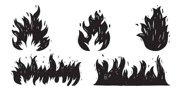 Набор рисованной огня и огненного шара, изолированные на белом фоне. каракули векторные иллюстрации.