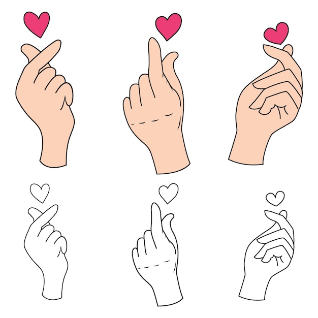 ベクトル 手描きの韓国の愛のサインのセット手ジェスチャーハート指の愛のシンボル