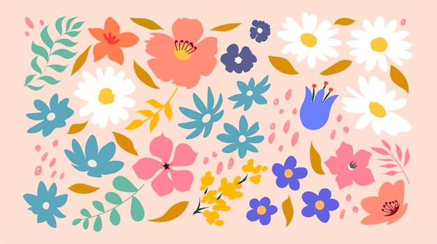 ベクトル 手描きの葉の花と植物のセット抽象的な現代的なモダンなトレンディなベクトル