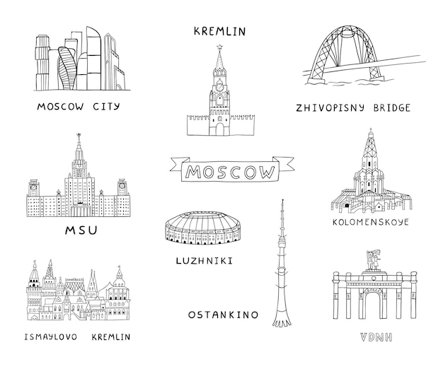 ベクトル 手描きのモスクワの有名な場所や観光スポットのセット。落書きベクトルイラスト