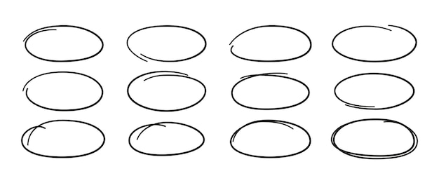 Вектор Набор рисованной овалов. выделите рамки круга. эллипсы в стиле каракули.