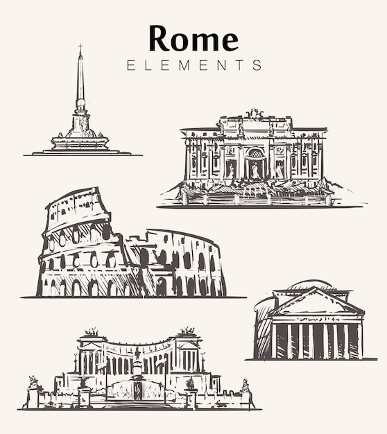 Набор рисованной зданий рима. римские элементы эскиза иллюстрации. колизей, пантеон, витториано, фонтан треви.