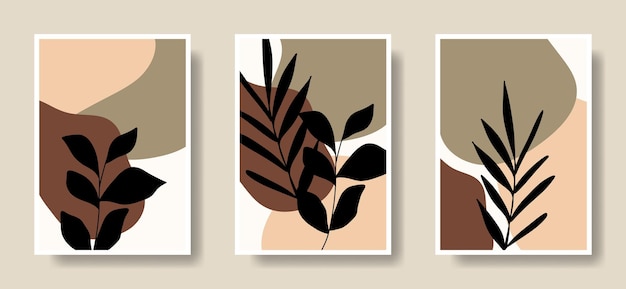 手描きの形と葉のイラストカバーポスターアート印刷可能なセット