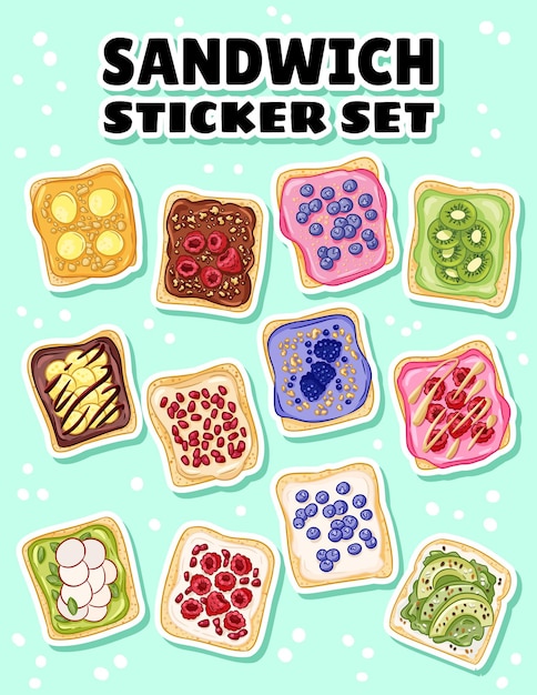 Набор рисованной тостов набор наклеек. бутерброды каракулей с различными спредами, фруктами и овощами. вегетарианский завтрак. векторная иллюстрация. сми выделяют символы