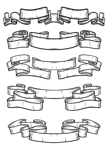 Вектор Набор вручную нарисованных векторных рисунков винтажных ленточных баннеров