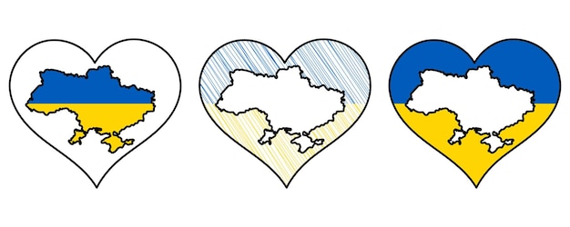 낙서 만화 스타일의 국기의 심장에 손으로 그린 벡터 단어 우크라이나 세트