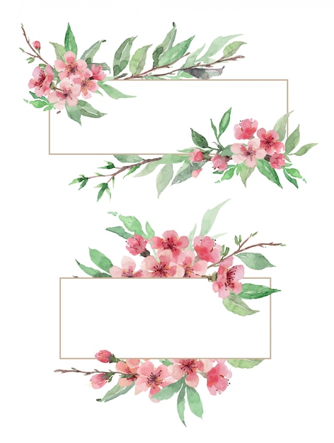 手描きの桜の花と葉の水彩花のボーダーのセット