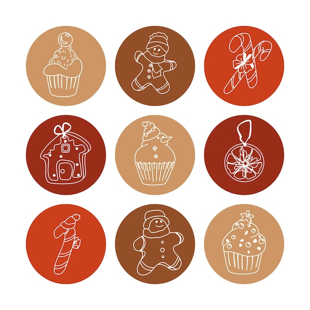 手描きのクリスマスと冬の落書き要素のセット ベクトルお祝いコレクション アイコン ボタン休日ギフト木ペストリー プレゼント ジンジャーブレッドの白い背景のデザインに分離