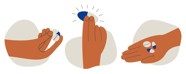 錠剤錠剤薬カプセルまたはビタミンを2本の指で開いた手のひらで持っている手のセット薬局ドラッグストア薬人間のキャラクター医療薬を持っている手ベクトル図