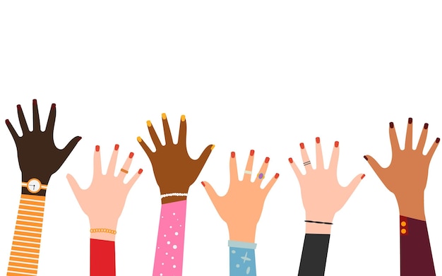 Вектор Набор поднятых рук группа разнообразных человеческих рук с аксессуарами, поднимающимися вместе векторная иллюстрация