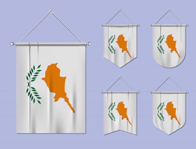 Вектор Набор подвесных флагов кипра с текстильной текстурой. разнообразие форм национального флага страны. вертикальный шаблон вымпела