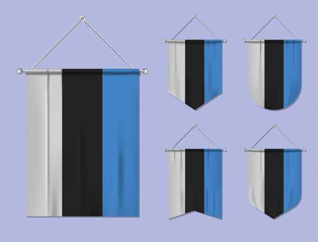 Вектор Набор подвесных флагов эстонии с текстильной текстурой. разнообразие форм национального флага страны. вертикальный шаблон вымпела