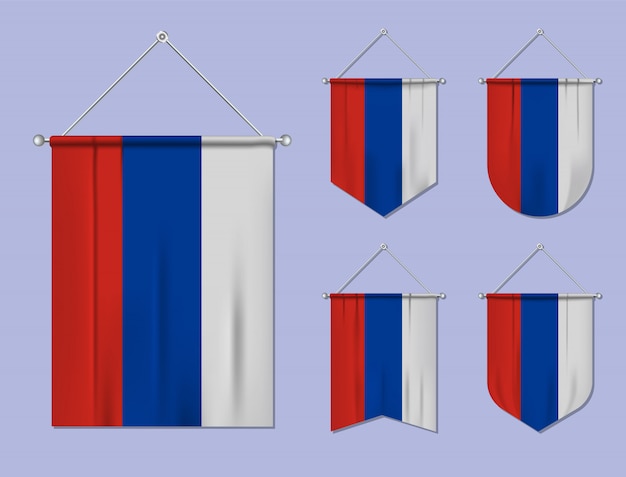 섬유 짜임새를 가진 깃발 러시아 매달려의 집합입니다. 국기 국가의 다양성 모양. 수직 템플릿 페넌트.