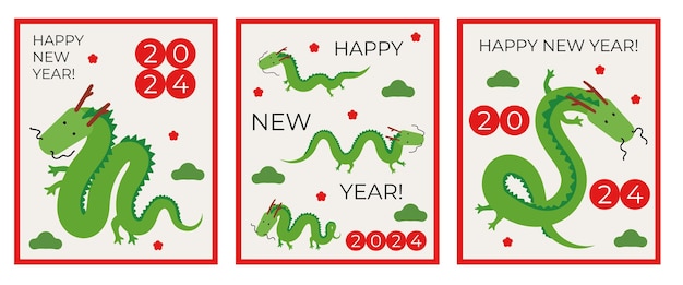 벡터 행복 한 중국 새 해 인사말 카드 세트