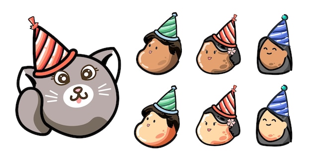 화려한 모자를 쓴 생일 파티에 행복한 귀여운 아이들과 고양이 머리 세트