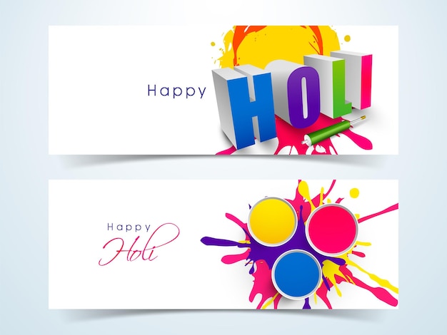Набор баннеров happy holi celebration с 3d-текстовым водяным пистолетом pichkari и чашами с видом сверху, полными цветов