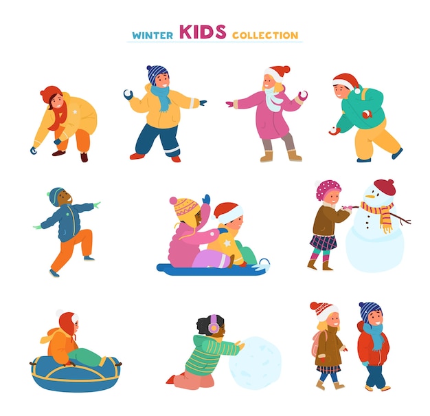Набор счастливых детей, играющих зимой на открытом воздухе.
