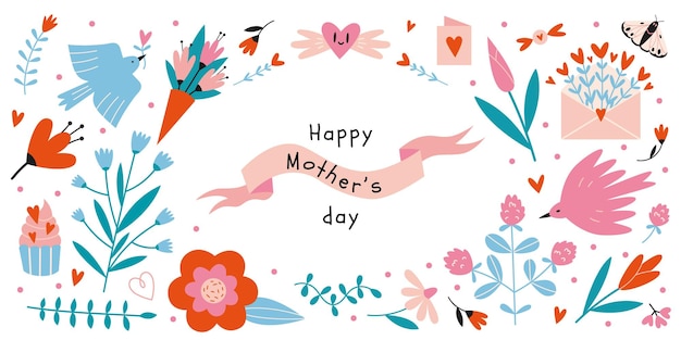 ベクトル 幸せな母の日の要素の漫画のスタイルのセット花鳥や心のようなさまざまなかわいい春のオブジェクト白手描きのフラットに分離されたトレンディなモダンなベクトル図