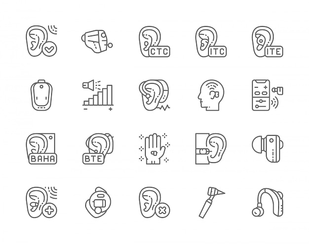 벡터 보청기 라인 아이콘의 집합입니다.