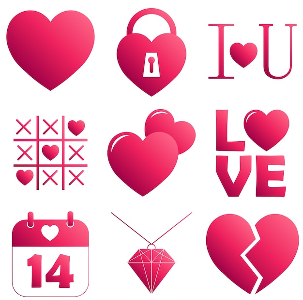 Набор иконок сердца с градиентом розового цвета на день святого валентина. концепция любви
