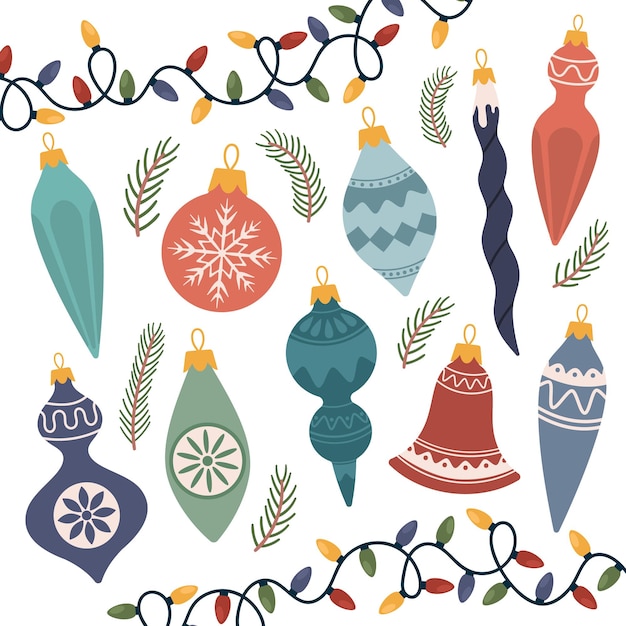 Вектор Набор праздничных украшений коллекция красивых стеклянных шаров и украшений для рождественской елки