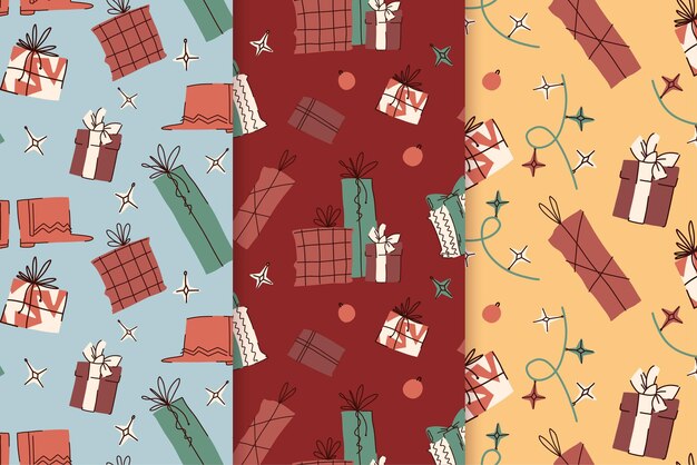 벡터 크리스마스 색상의 선물, 크리스마스 장난감, 화환이 포함된 휴가 패턴 세트. 빨강, 파랑.