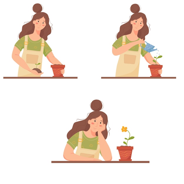 Набор домашнего садоводства. женщина заботится о растении, пока оно перерастает в цветок. карикатура иллюстрации о домашнем хобби.