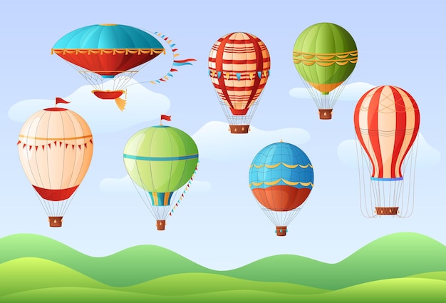 뜨거운 공기 풍선 다른 색상과 모양 빈티지 뜨거운 공기 풍선 항공, 그림의 집합