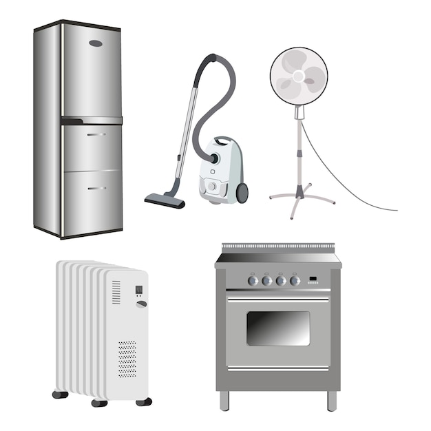 Вектор Набор предметов бытовой техники холодильник пылесос газовая плита вентилятор
