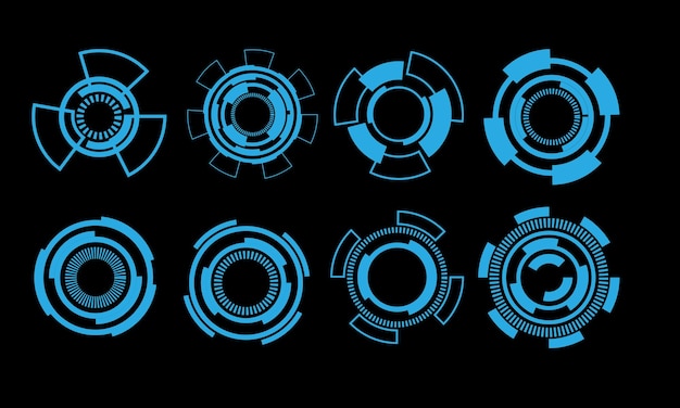 Набор элементов пользовательского интерфейса круга hud технологии дизайна кибер-синий на черном футуристическом векторе