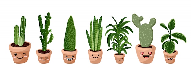 ヒッジ鉢植えのかわいい絵文字絵文字多肉植物のセット。植物の居心地の良いスカンジナビアスタイルのコレクション